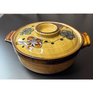 Japanese  Ware Clay Pot Stew Rice with vented lid Plum Blossom Vintage
